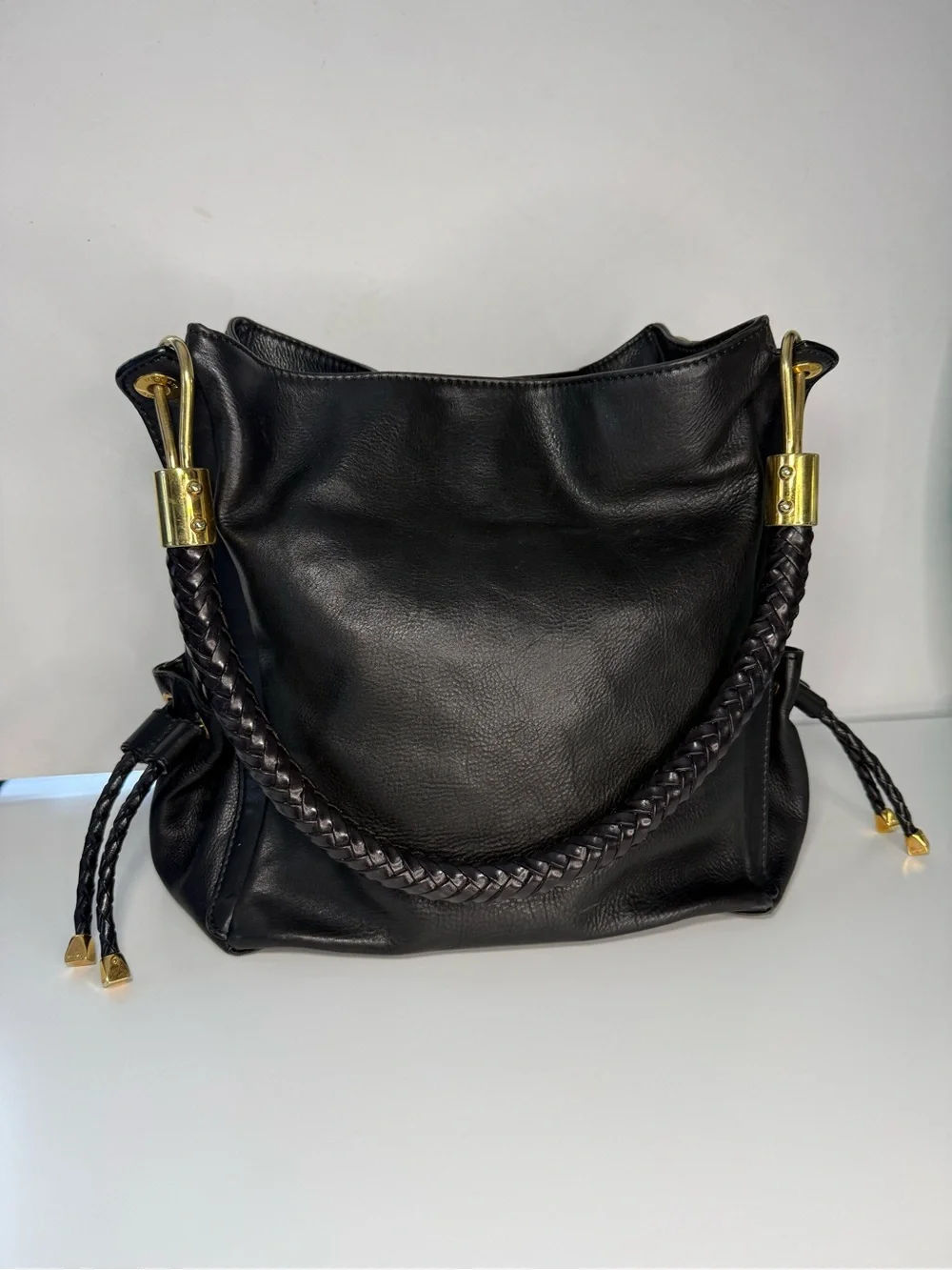 Michael Kors Black Braided-Handle Shoulder Hobo with Gold-Tone Accents